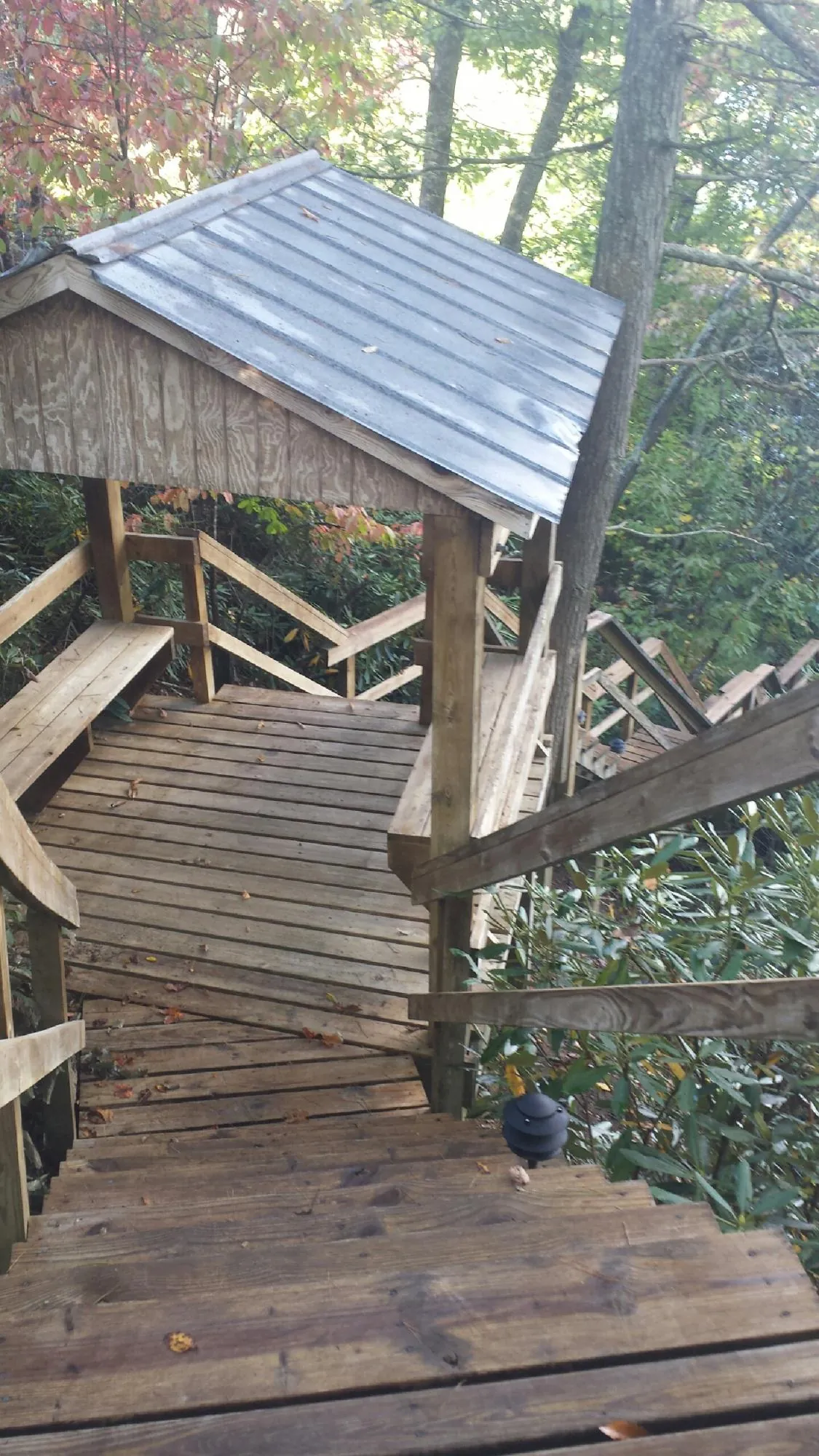Metal roofed shelter over wooden steps on a wooded walkway — Skylight Repair & Installation work by our crew in Davis Junction